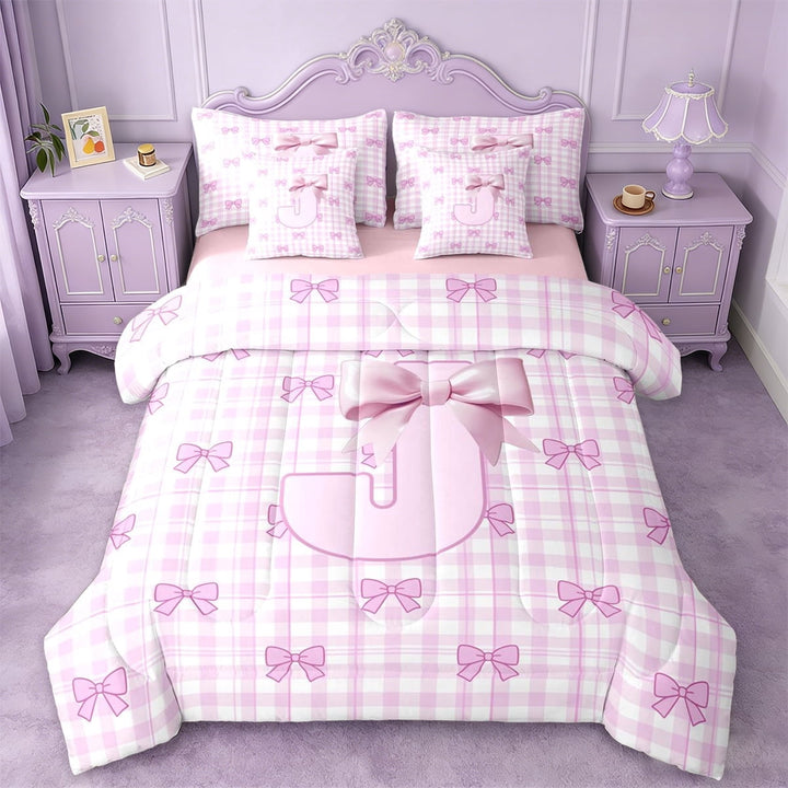 Erosebridal Fashion Bow Tie 7 Pieces Bedding Comforter Set For Girls,Pink Plaid Letter J Initial Monogram Full Bedding Set,Pink Reversible