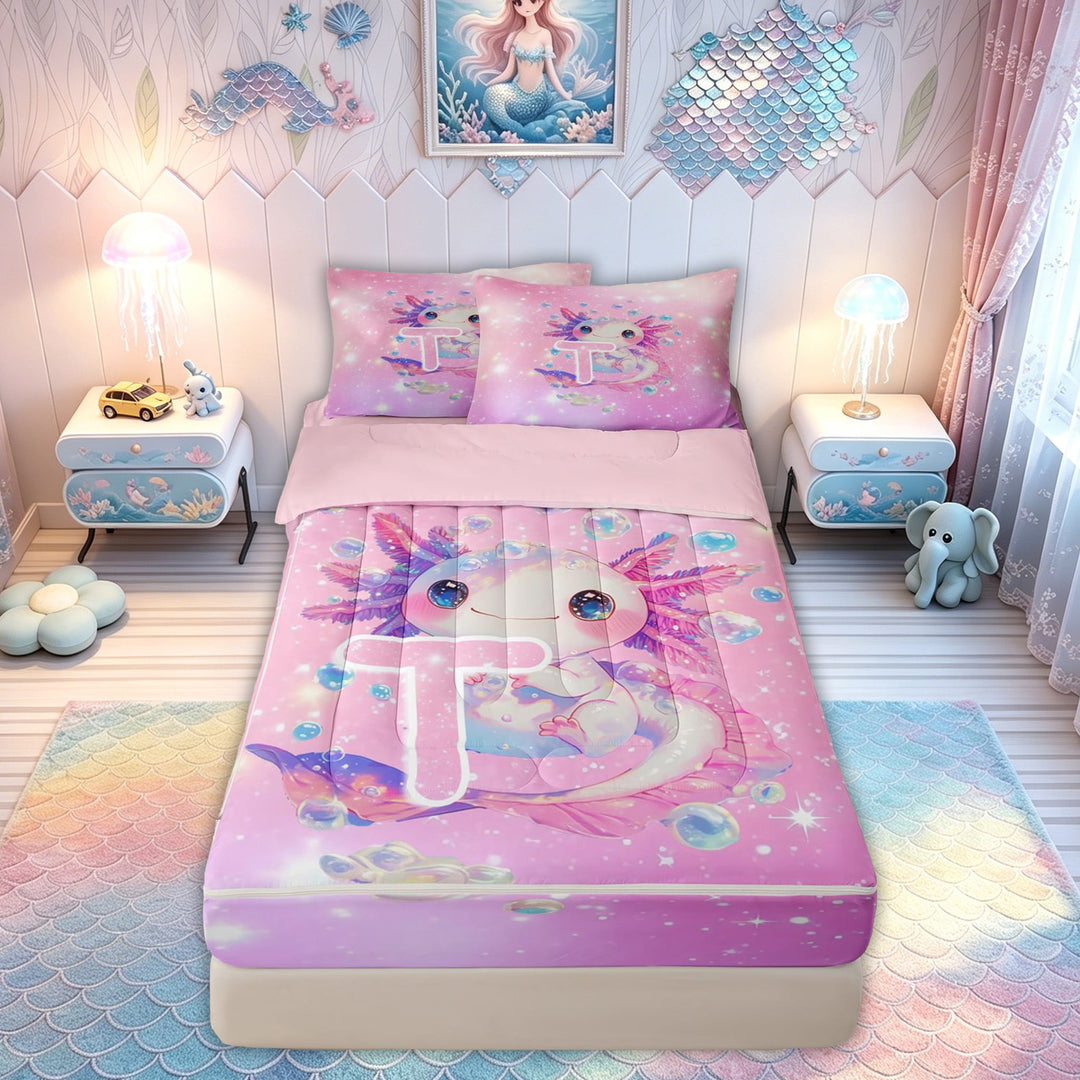 meiyoeat Kawaii Axolotl Letter T Zipper Comforter Set with Fitted Sheet and 2 Pillowcases for Boys Girls, Galaxy Animal Zipper Bedding Set, Pink Purple, Pink Reversible, 3 Pieces