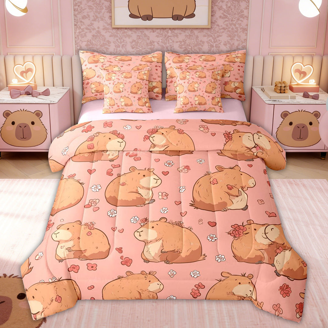 Erosebridal Capybara Lover Kids Twin Bedding Sets, Love Heart Flower Bedding Comforter Set, Pink Reversible, 7 Pieces