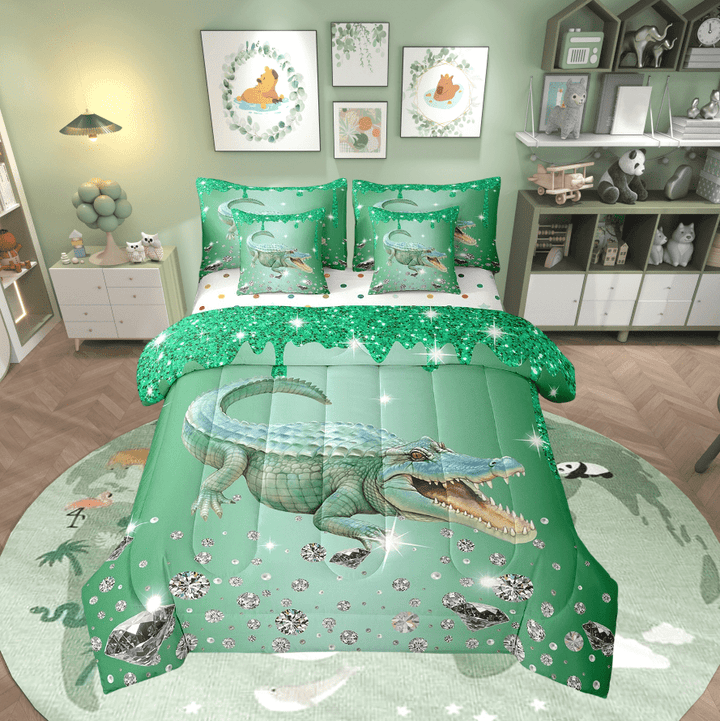 Crocodile Comforter Set 7 Piece Bed in a Bag Twin,Green Sequin Fluid Art Bedding Set,Crystal Diamond Comforter and Sheet Set Nautical Sea Animal Bed Set,Coastal Creature Ocean Decor