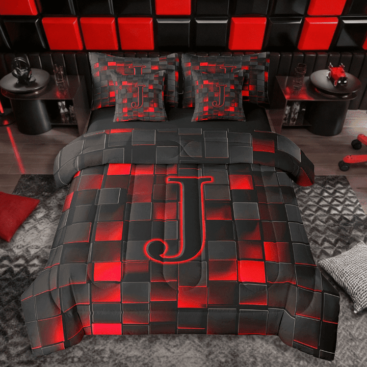 Erosebridal Teens Black Red Geometric Grid Twin Bedding Sets 7-Piece,J Personalized Initial Bedding Comforter Set For Boys Girls,Black Reversible
