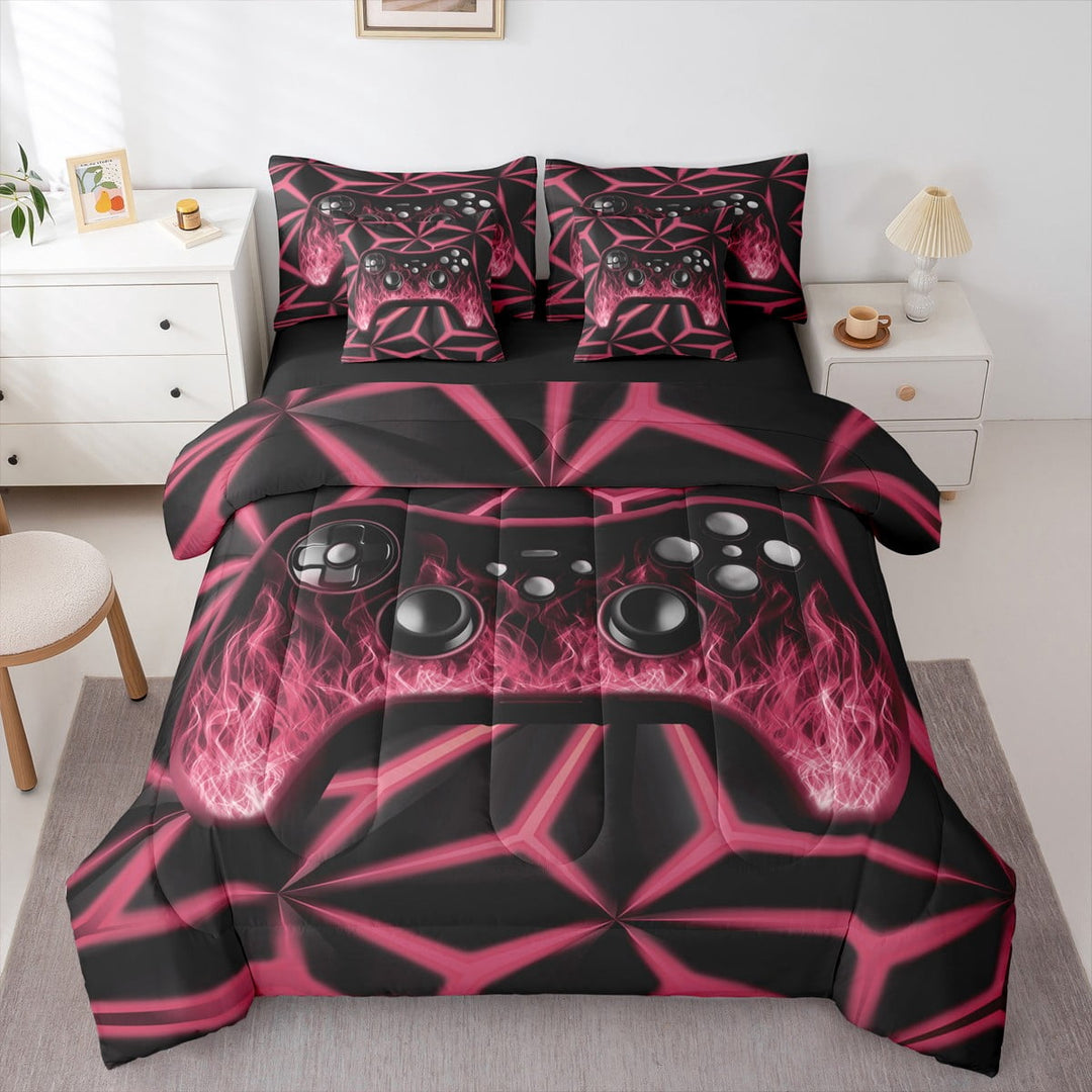 Erosebridal Gamepad Print Bedding Sets Twin Size 7 Pieces for Teen, Gamer Bed in a Bag, Black Pink