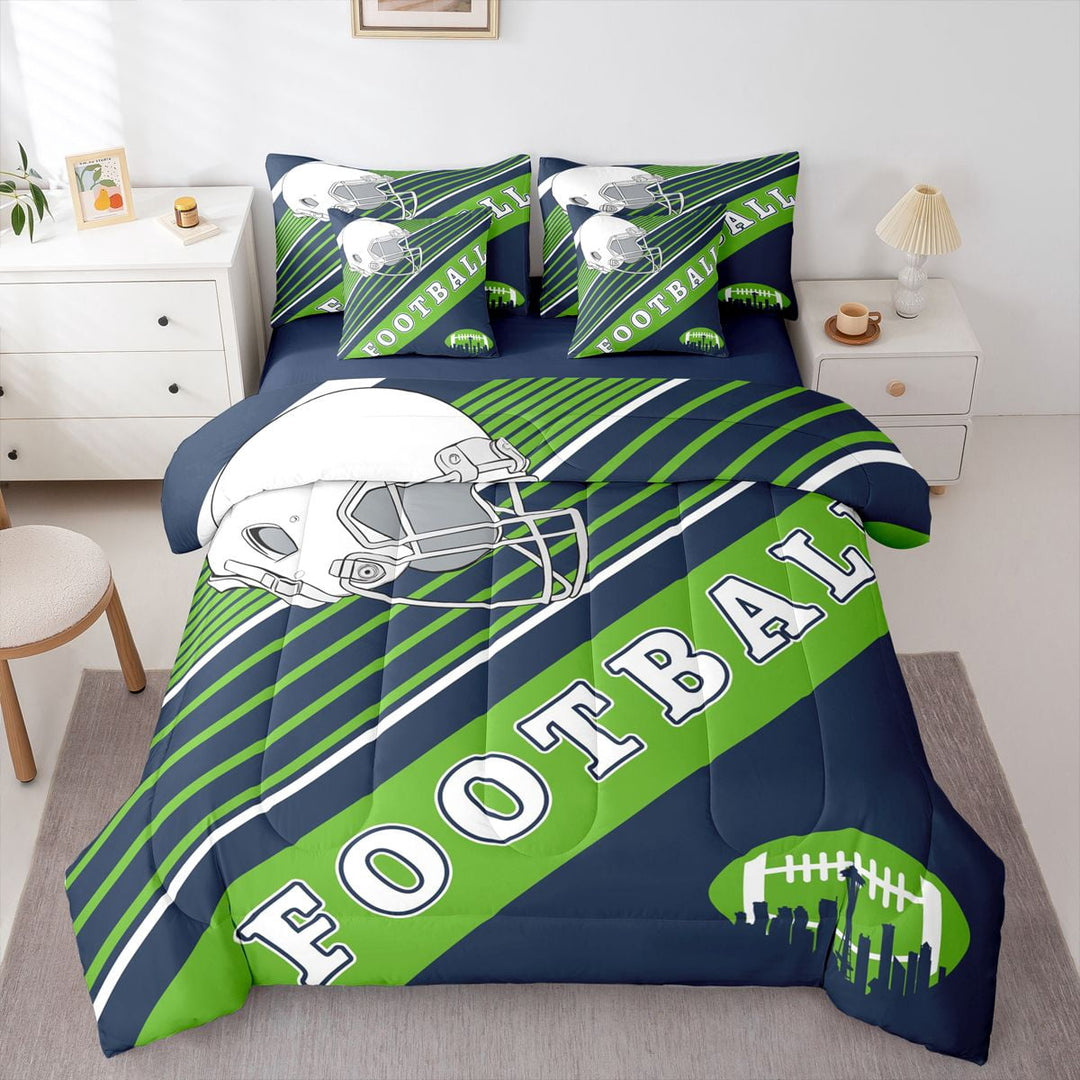 American Football City Comforter Set Twin Size Bed In A Bag, 7 Pieces Football Bedding With Sheets, Navy Green Comforter + Flat Sheet + Fitted Sheet + 2 Pillowcases + 2 Throw Pillow Covers(Seattle)