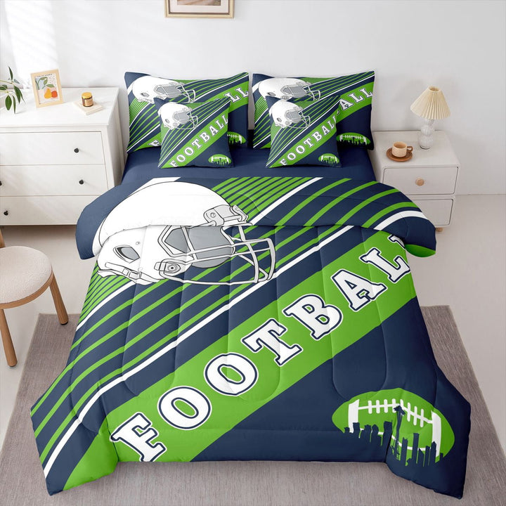 American Football City Comforter Set Twin Size Bed In A Bag, 7 Pieces Football Bedding With Sheets, Navy Green Comforter + Flat Sheet + Fitted Sheet + 2 Pillowcases + 2 Throw Pillow Covers(Seattle)