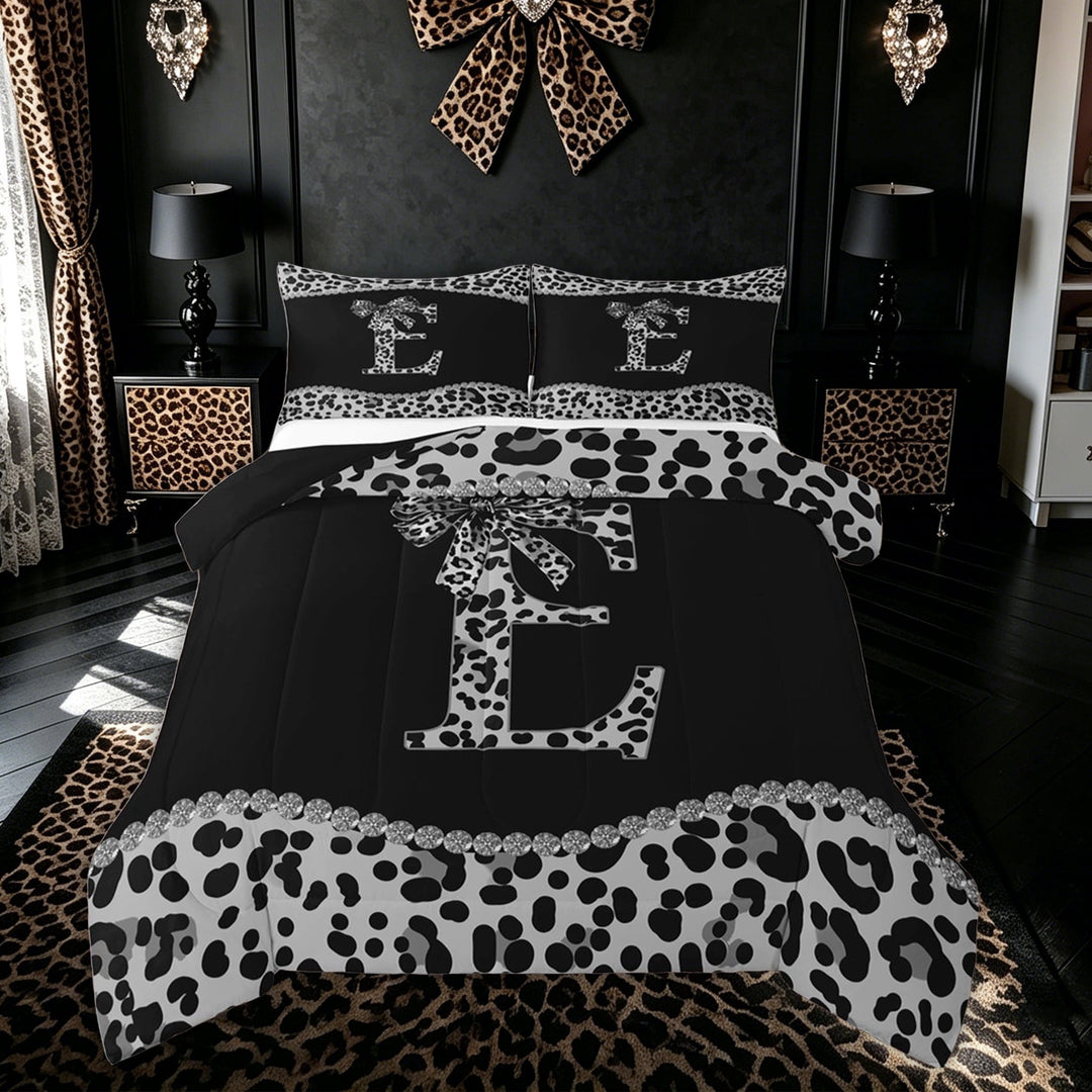 Meiyoeat Cute Sequin Cheetah Print Bow King Size Comforter Sets for Girls Adults, Black White Initial E Letter Bedding Sets, Black Reversible, 3-Piece