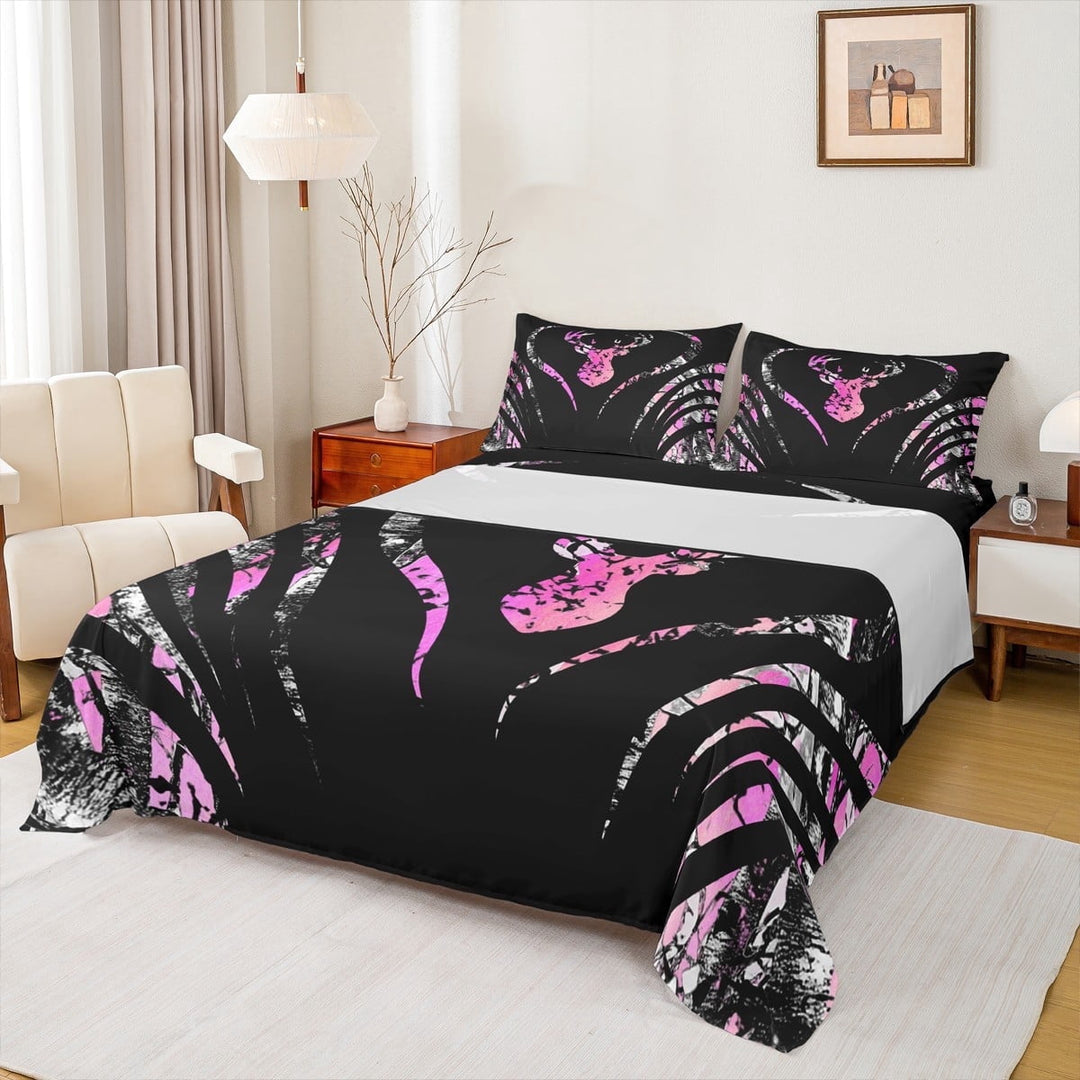 jejeloiu Safari Elk Bed Sheets,Woodland Animal Deer King Sheets,Pink Black Sheet Set,Ultra Soft Bedroom Decor,4pcs