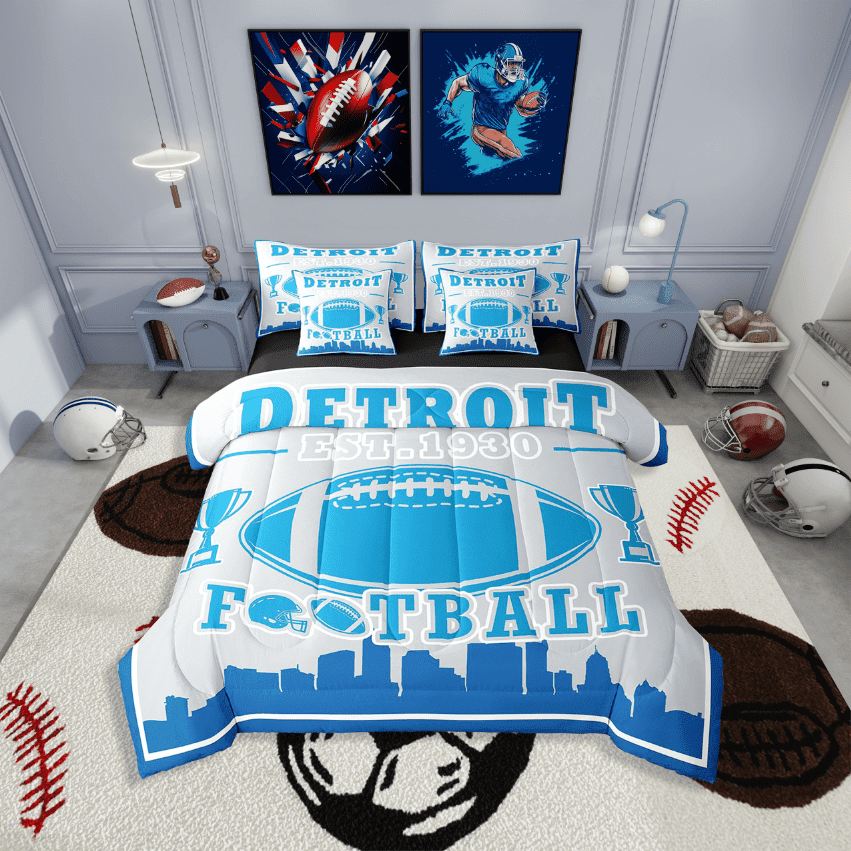 Erosebridal Teen Ball Gaming Football Bedding Sets Twin Size,Sport Game Comforter Sets with Sheets,Gamer Decoration(Detroit),Reversible,Lightweight,7-Piece