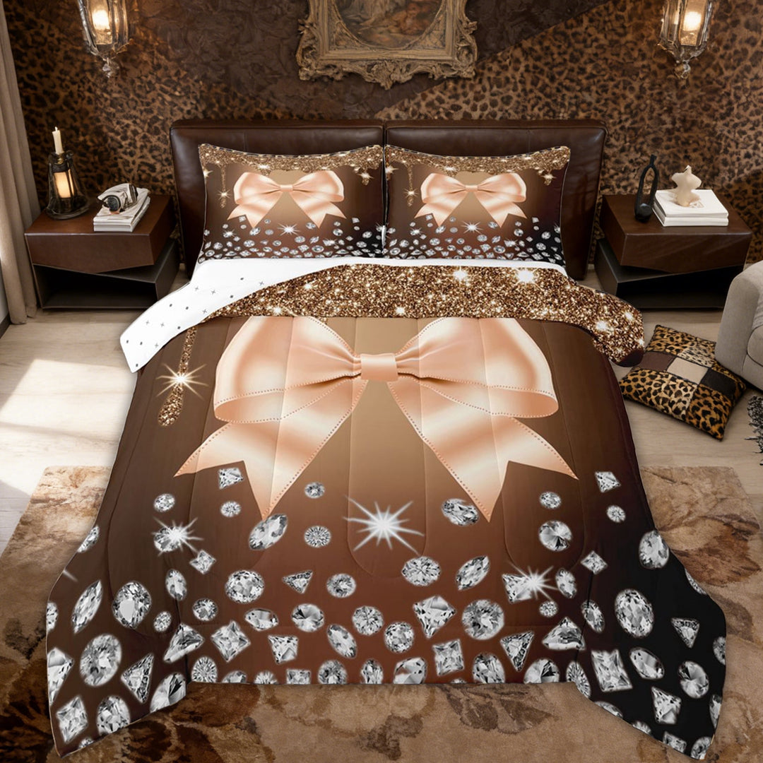 Erosebridal Kids Orange Bowknot Full Size Comforter Sets, Fashion Sequin Print Bedding Sets, 3 Pieces