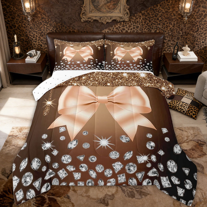 Erosebridal Kids Orange Bowknot Full Size Comforter Sets, Fashion Sequin Print Bedding Sets, 3 Pieces