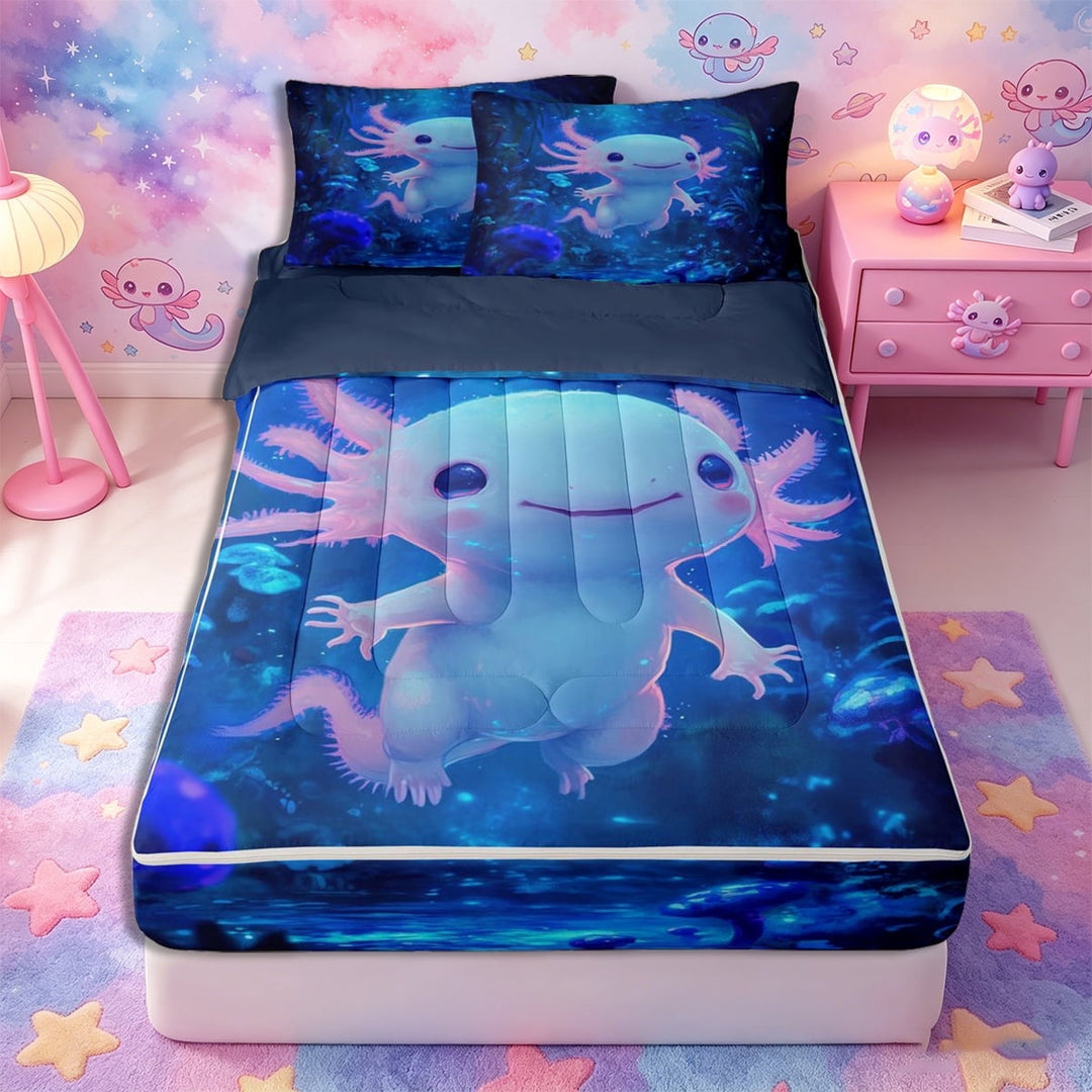 Meiyoeat Ocean Salamander Zipper Twin Comforter Sets with Fitted Sheet and 2 Pillowcases, Cute Underwater World Zipper Bedding Set, Blue Pink,4-Piece,Navy Blue Reversible