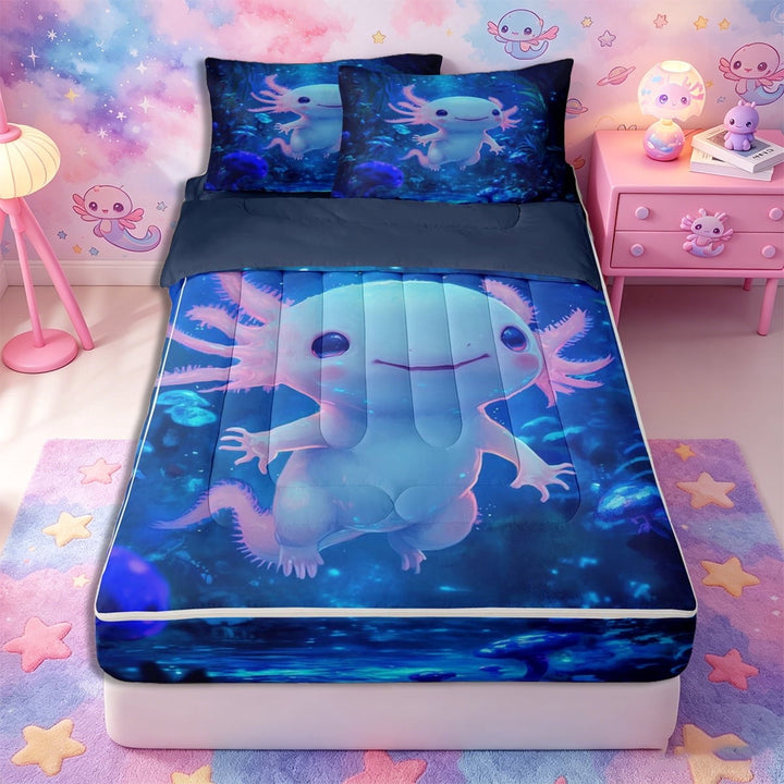Meiyoeat Ocean Salamander Zipper Twin Comforter Sets with Fitted Sheet and 2 Pillowcases, Cute Underwater World Zipper Bedding Set, Blue Pink,4-Piece,Navy Blue Reversible