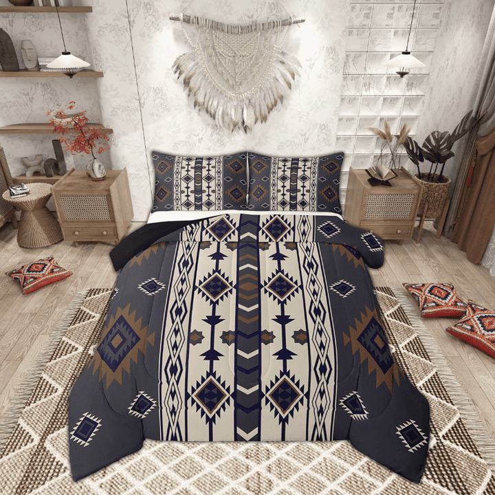 Aztec Geometric Comforter Set Queen,Vintage Western Boho Bedding Set Southwestern Tribal Bedding Comforter Sets Adults Men American Quilt Duvet Black Brown