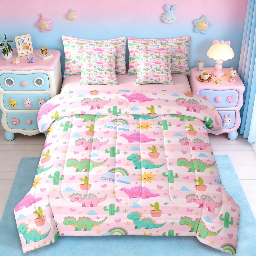 Erosebridal Cartoon Dino 7-Piece Twin Bedding Sets For Girls,Kawaii Dinosaur Green Cactus Bedding Comforter Set For Girl,Reversible