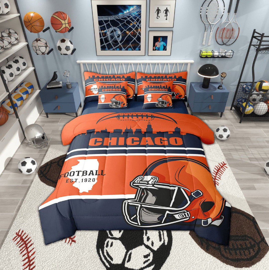 Erosebridal Football City Chicago Bedding, Soccer Sport Bed in a Bag, Navy Orange Reversible Bed Set, Microfiber Bedroom Decoration, 7pcs