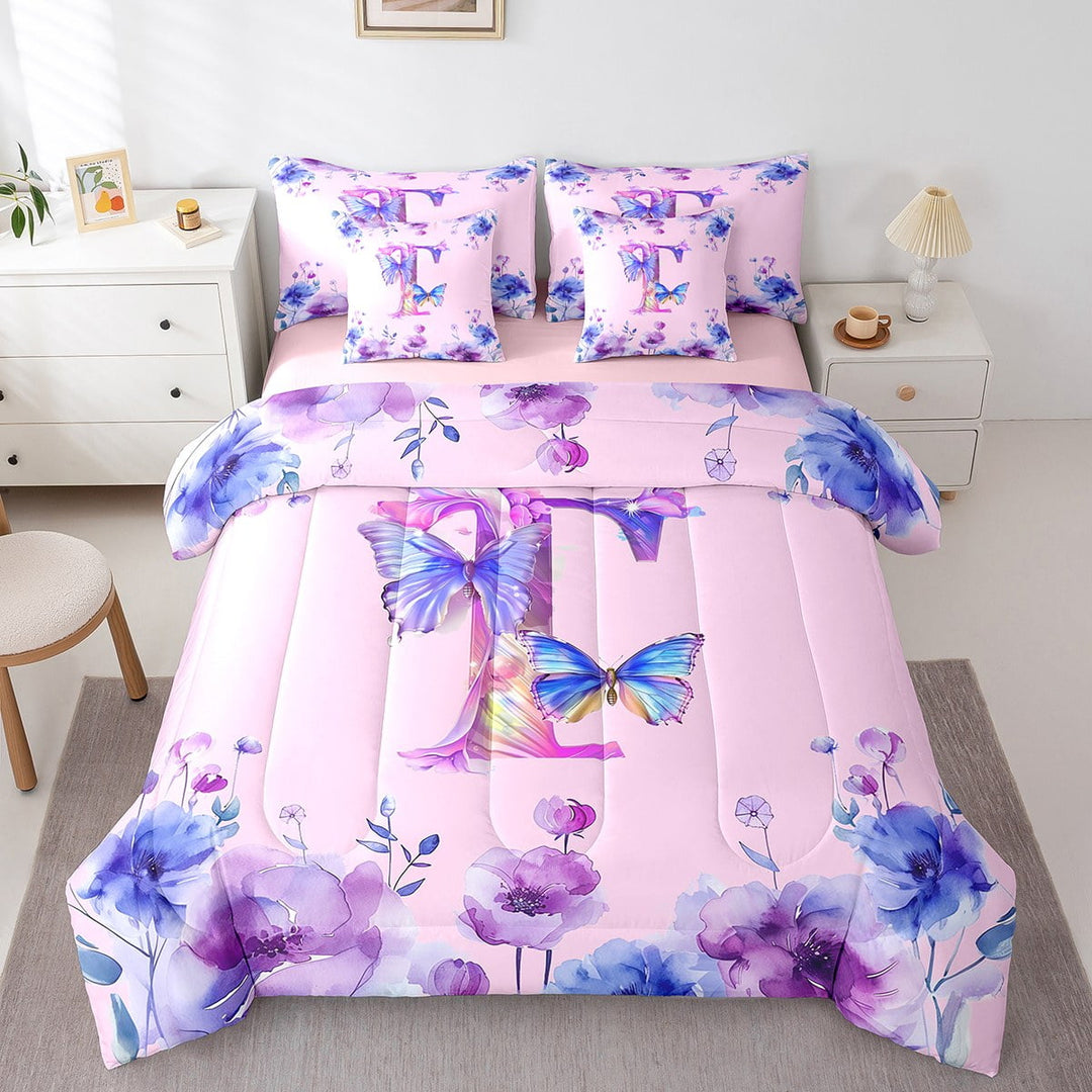Erosebridal Initial Letter T Bedding Twin Size,Monogrammed Theme Bed Set,Butterfly Flower Floral Bedding Sets Twin Size,Super Cozy Room Decorative Reversible,7pcs