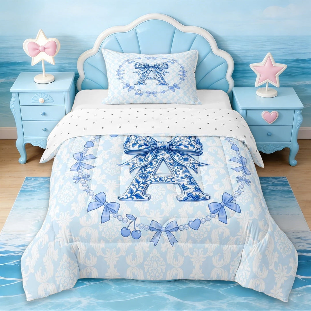 Erosebridal Cute Bowknot Twin Comforter Sets,Vintage Blue A Alphabet Bedding Set For Girls Kids,Reversible,2-Piece