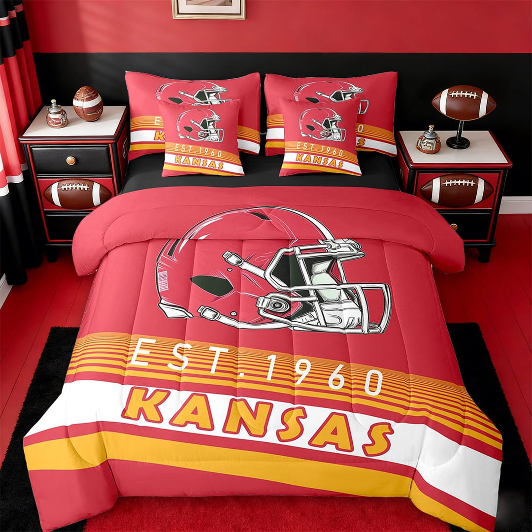 Erosebridal American Football City Bedding Sets Twin Size,Kansas Print Comforter Sets with Sheets,Geometric Stripe Bed in a Bag Twin Size,Luxurious Bedroom Decoration Reversible,7-Piece