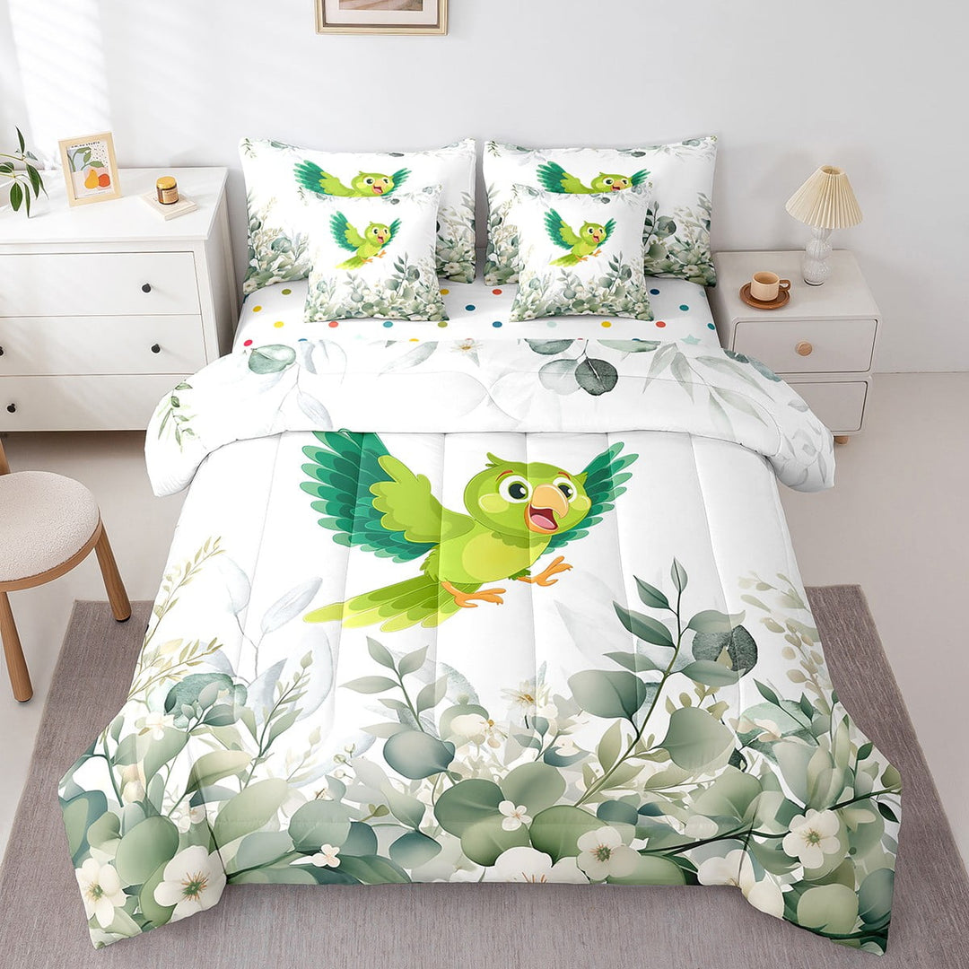 Cartoon Animal Twin Comforter Set 7 Pieces Kawaii Bird Bedding Comforter Sets, Cute Wildlife Bed in a Bag Green White Bedding Set, Botanical Plant Eucalyptus Bed Sheets Set