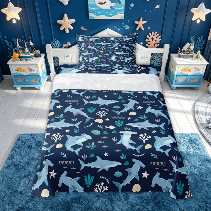 meiyoeat Hammerhead Shark Bed Sheets for Kids Boys, Underwater Sealife Full Size Sheets for Bedroom, Navy, 4-Piece