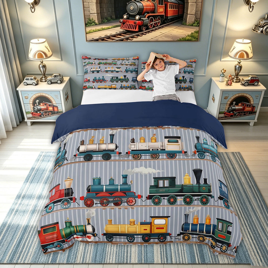 meiyoeat Vintage Steam Train Bedding for Kids Boys, Retro Locomotive Car Duvet Cover Full, Multicolor Gray, Blue Reversible, 3-Piece