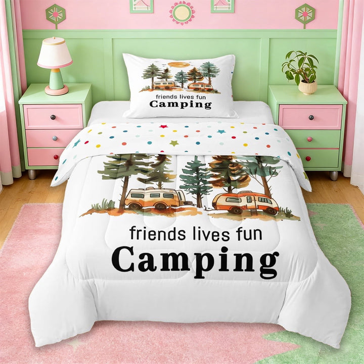 Erosebridal Retro Camper RV Print Twin Comforter Sets,Happy Camping Theme Bedding Set For Camping Lover,Reversible,2 Pieces
