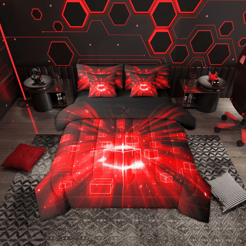 Erosebridal Plaid Grid Bedding Sets Twin Size,Geometric Checkerd Comforter Sets with Sheets,Futuristic Cubes Bed in a Bag Twin size,Breathable Geometric Bedroom Decor,Reversible,7-Piece