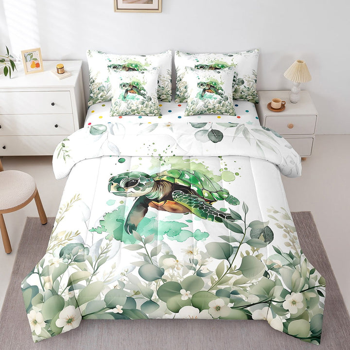 Erosebridal 7-Piece Cute Sea Turtle Bedding Twin Green Eucalyptus Comforter Set, Marine Animal Bedding Comforter Sets Botanical Plant Leaves Bed in a Bag, Cartoon Wildlife Bedding Accessories