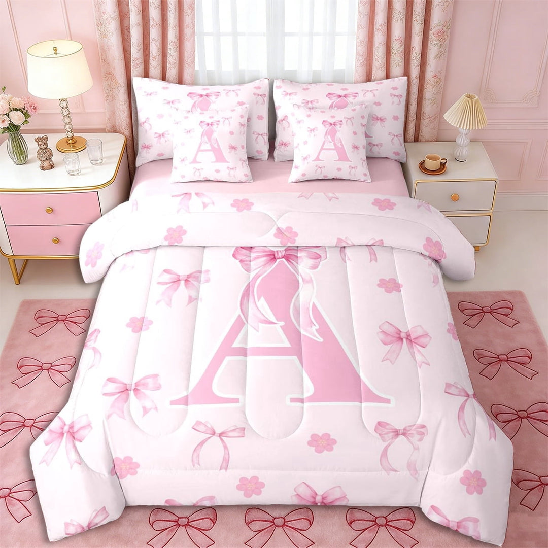 Erosebridal Letter Monogrammed A Pink Bow Twin Bedding Sets 7-Piece,Floral Cherry Blossoms Bedding Comforter Set,Pink Reversible,Breathable Home Decor