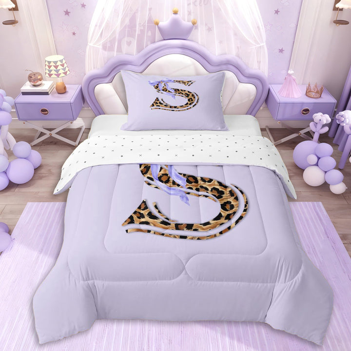Erosebridal Teens Personalized Initial S Twin Comforter Sets 3-Piece,Girls Purple Bow Cheetah Print Bedding Set,Lightweight Room Decor
