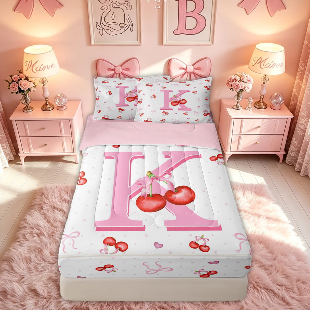 meiyoeat Cherry Letter K Zipper Twin Comforter Sets with Fitted Sheet and 2 Pillowcases for Girls, Fruit Bow Zipper Bedding Set for Bedroom, Pink, Pink Reversible, 4pcs