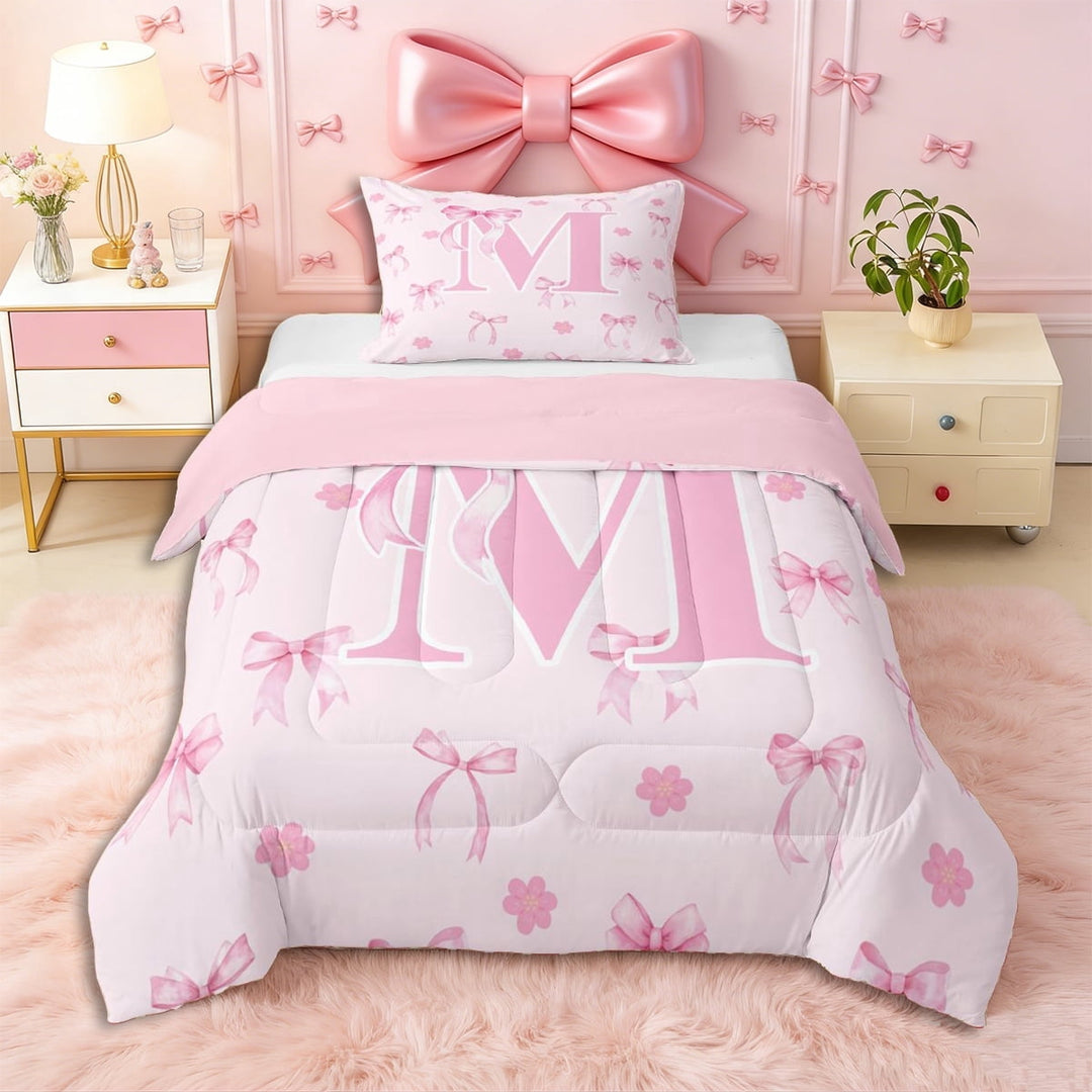 Erosebridal Pink Bowknot Personalized Initial M Twin Comforter Sets 3-Piece,Japanese Style Sakura Bedding Set,Pink Reversible,Ultra Soft Home Decor