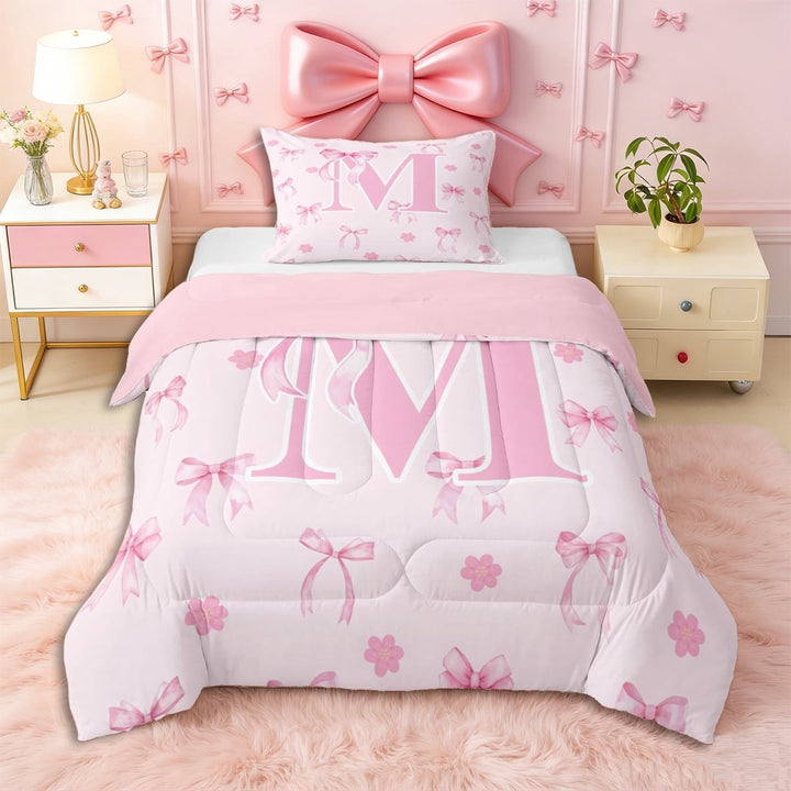 Erosebridal Pink Bowknot Personalized Initial M Twin Comforter Sets 3-Piece,Japanese Style Sakura Bedding Set,Pink Reversible,Ultra Soft Home Decor