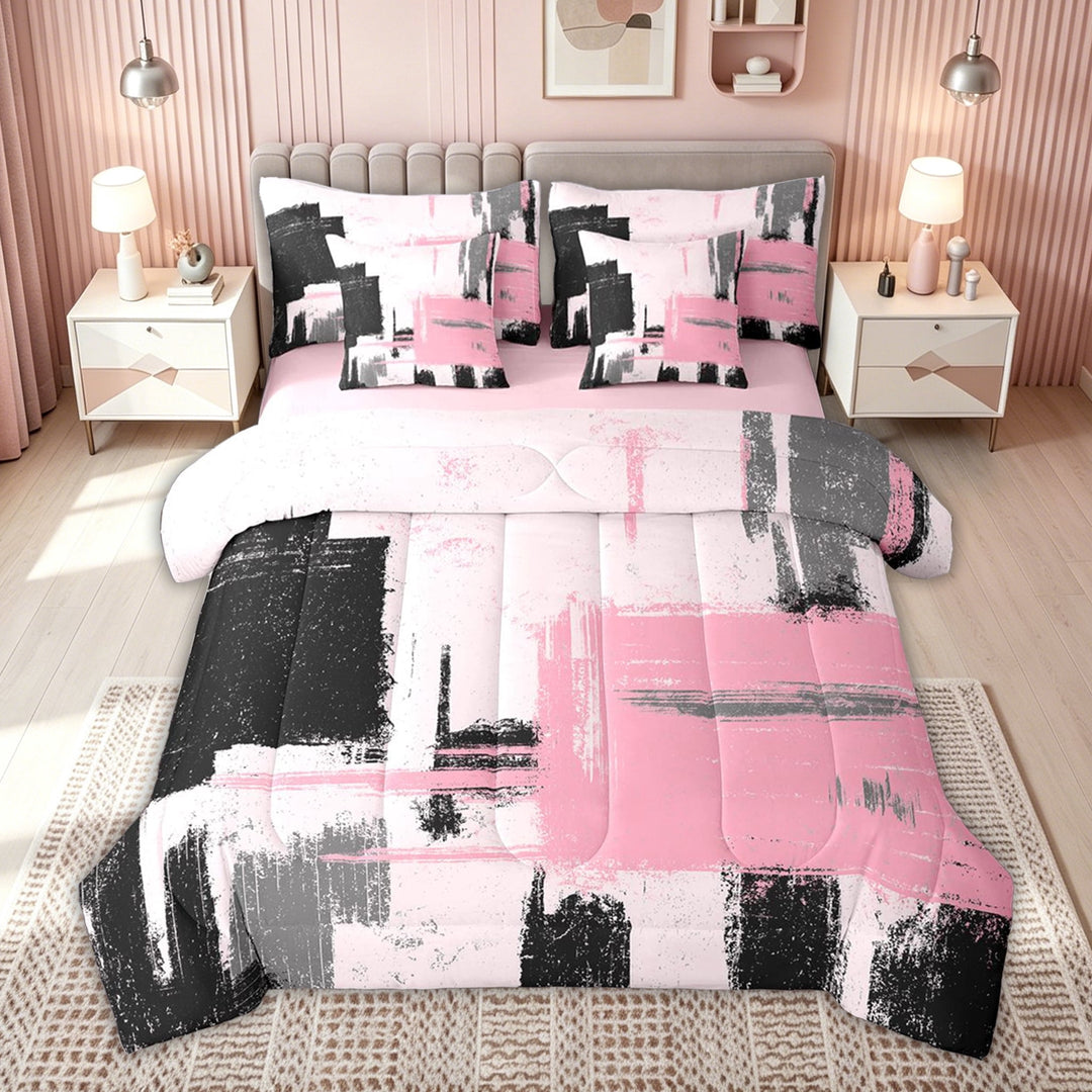 meiyoeat Abstract Brushstroke Print Full Size Bedding Sets for Kids Girls, Modern Art Paint Full Size Bed in a Bag, Pink Black, Pink Reversible, 7 Pieces
