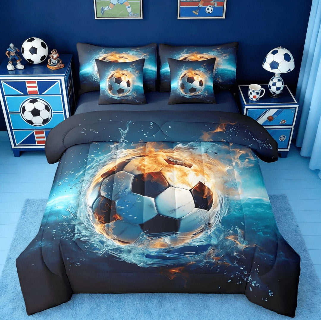 Manfei Soccer Ball Gamer 7 Pieces Bedding Comforter Set,Kids Blue Football Full Bedding Set For Boys Girls Teens Sports Themed Reversible
