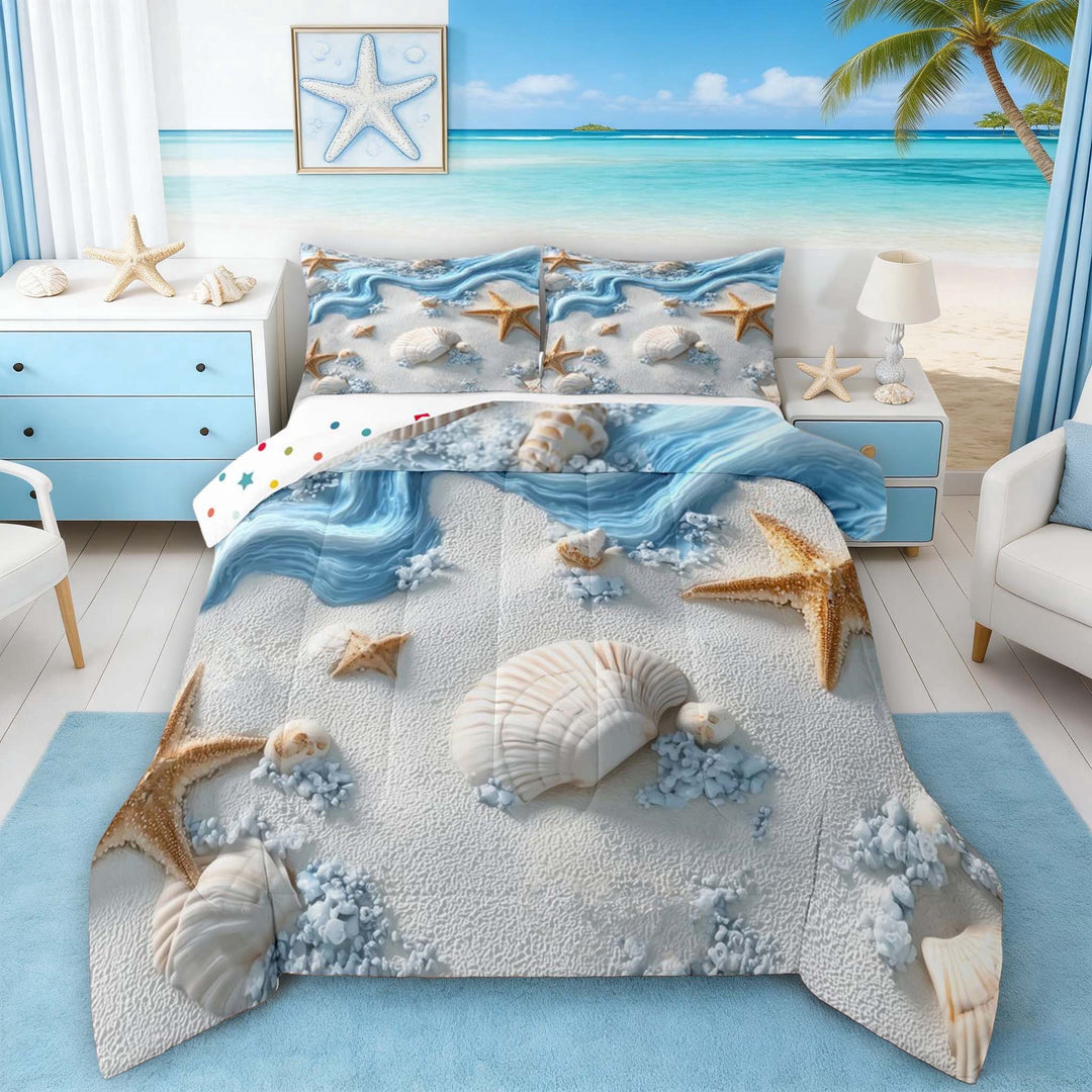Manfei 3D Beach Seashell Starfish Full Size Comforter Sets for Kids Boys and Girls, Coastal Life Print Bedding Sets, Polka Dots Reversible 3pcs, 1 Comforter and 2 Pillowcases