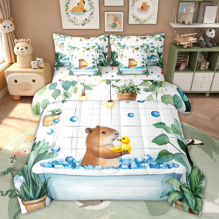 Erosebridal Kid Summer Capybara Twin Bedding Sets, Eucalyptus Leaves Bedding Comforter Set, Green, 7 Pieces