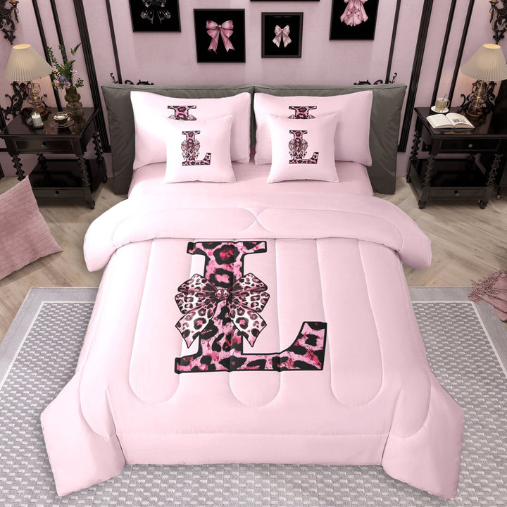 Erosebridal Black Pink Leopard Print Bow Knot Girl Twin Bedding Sets 7-Piece,Personalized Initial L Bedding Comforter Set For Teens,Pink Reversible