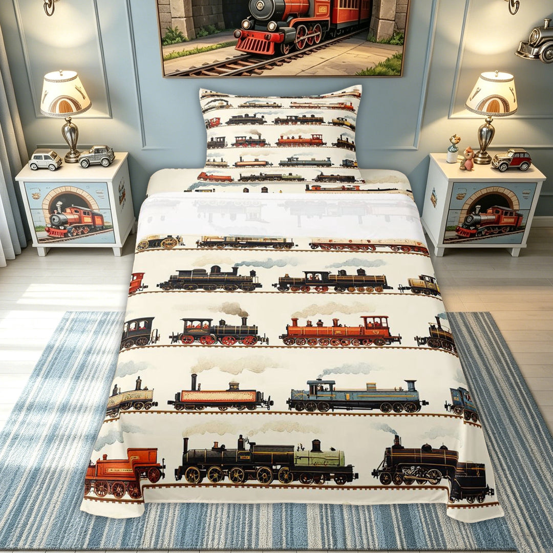 meiyoeat Vintage Train Print Bed Sheets for Kids Boys, Classic Steam Engine Full Size Sheets, Beige Multicolor, 4pcs