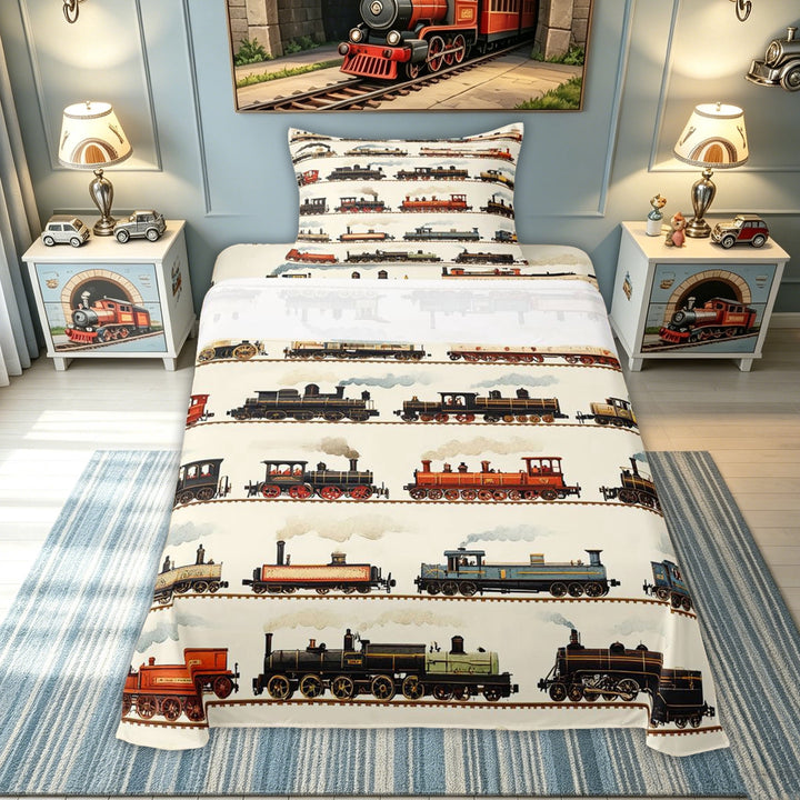 meiyoeat Vintage Train Print Bed Sheets for Kids Boys, Classic Steam Engine Full Size Sheets, Beige Multicolor, 4pcs