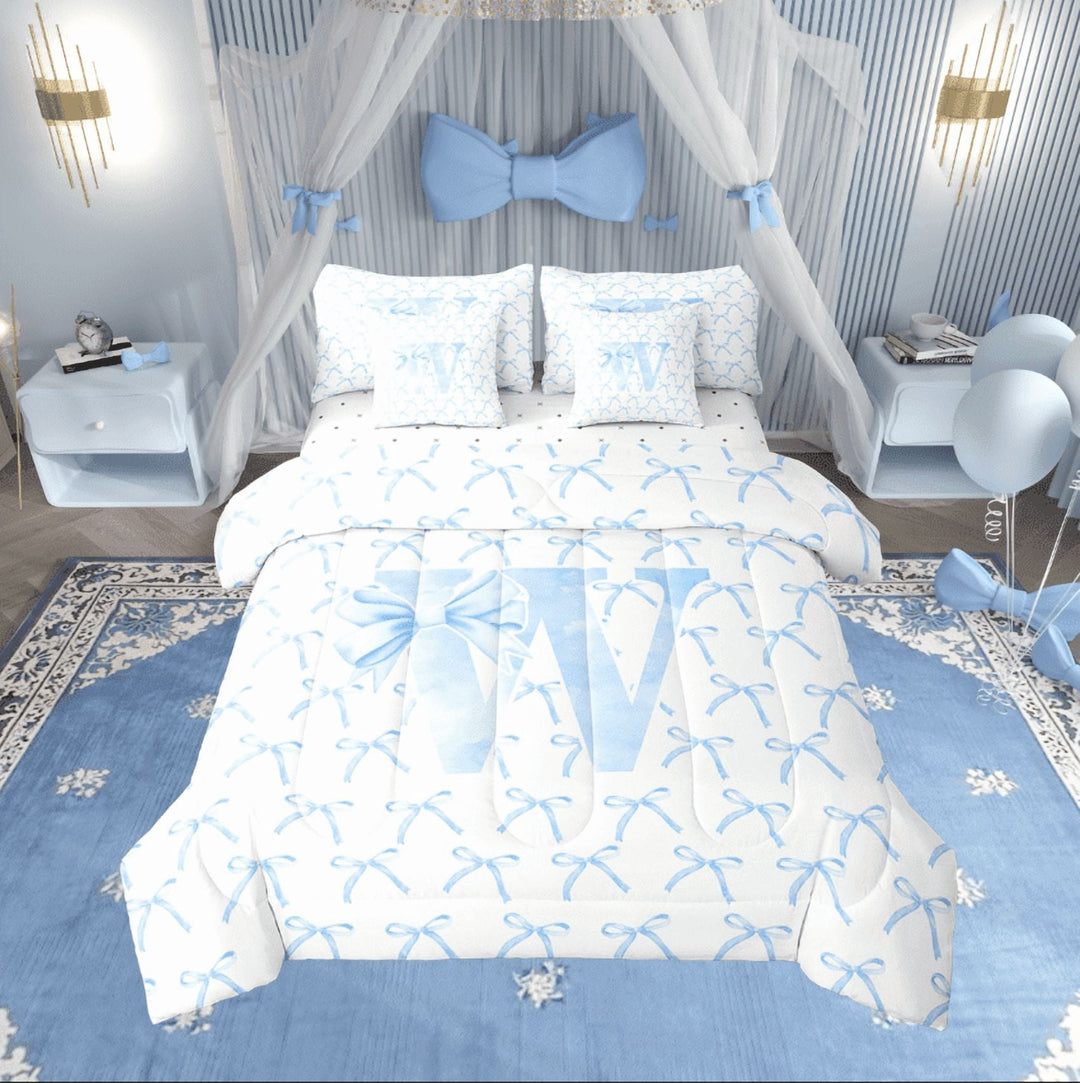 Erosebridal Letter Bow Bedding Sets Twin Size,Monogrammed Initial Comforter Sets with Sheets,Dreamy Room Decorative,Reversible,7pcs
