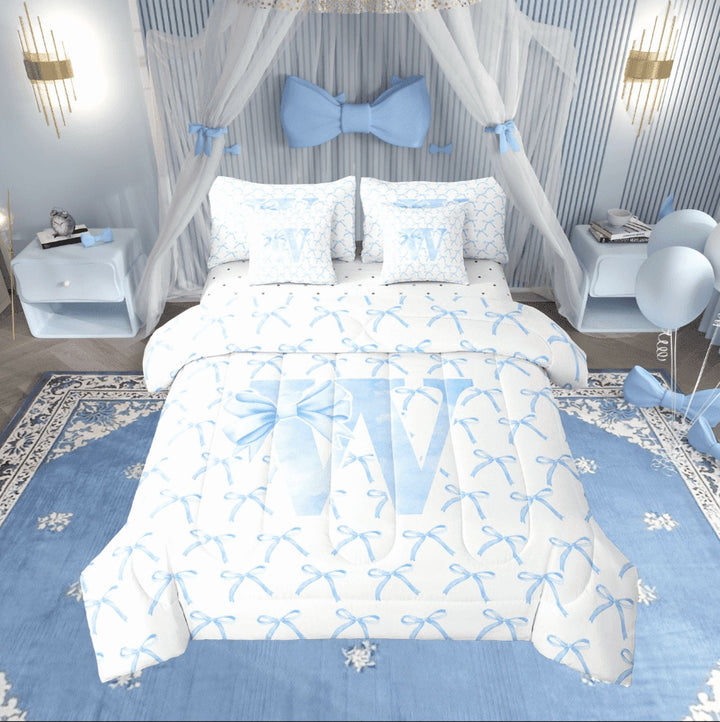 Erosebridal Letter Bow Bedding Sets Twin Size,Monogrammed Initial Comforter Sets with Sheets,Dreamy Room Decorative,Reversible,7pcs