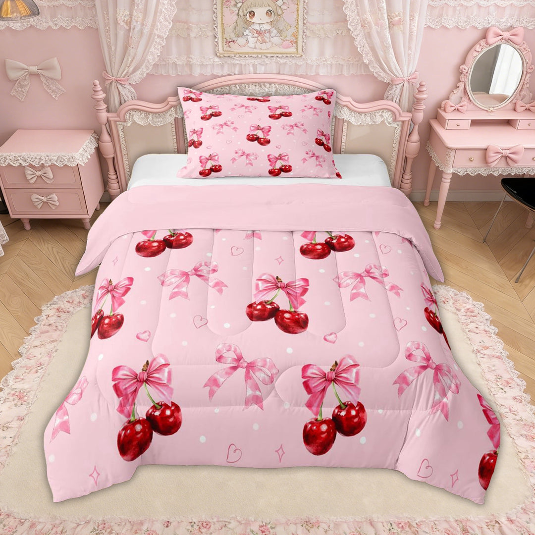 Erosebridal Pink Bowknot Cherry Twin Comforter Sets for Girls, Cute Love Heart Bedding Set, Pink Reversible, 2-Piece