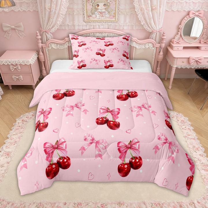 Erosebridal Pink Bowknot Cherry Twin Comforter Sets for Girls, Cute Love Heart Bedding Set, Pink Reversible, 2-Piece