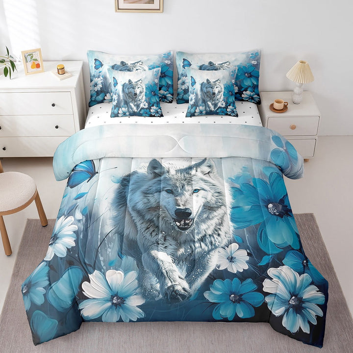 Wolf Bed in a Bag Twin 7 Piece Comforter Set Daisy Flowers Bedding Sets,Light Blue Ombre Oil Painting Sheet Set with Comforter Graffiti Art Western Animals Butterfly Bohemian Decor