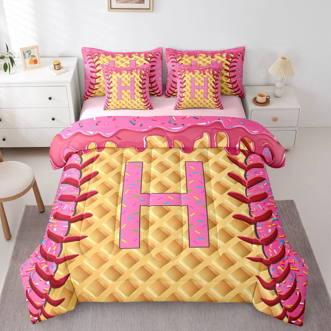Erosebridal Ice Cream Letter H Twin Bedding Sets for Kids, Baseball Print Bedding Comforter Set, Pink, 7pcs