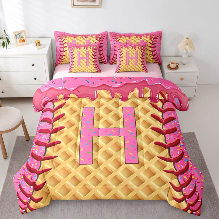 Erosebridal Ice Cream Letter H Twin Bedding Sets for Kids, Baseball Print Bedding Comforter Set, Pink, 7pcs