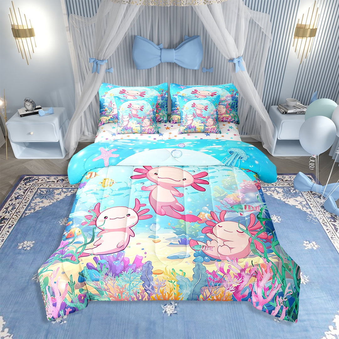 Erosebridal Cartoon 3D Print Axolotl Comforter Set with Sheets Cute Ocean Animal Bed in a Bag Bedroom Bed Decor Undersea World Plant 7 Piece Bedding Set Twin Size