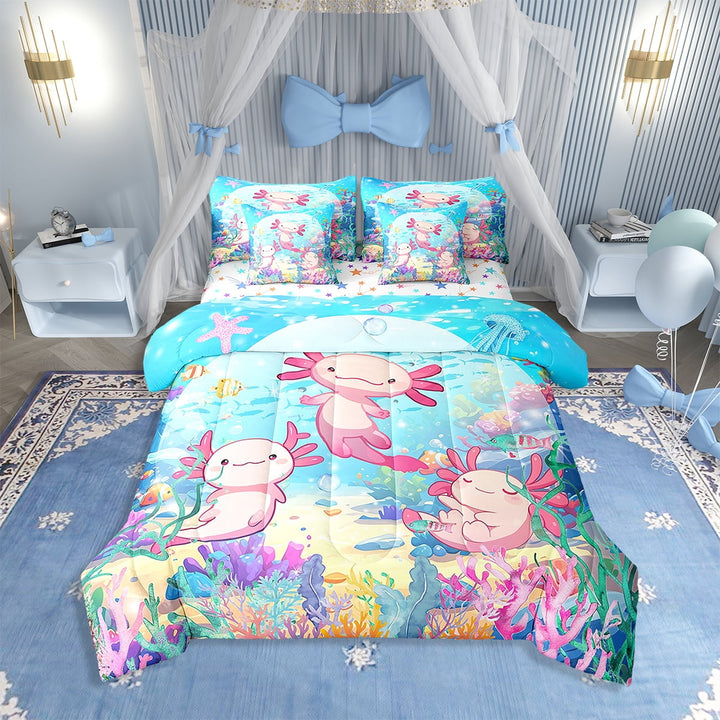 Erosebridal Cartoon 3D Print Axolotl Comforter Set with Sheets Cute Ocean Animal Bed in a Bag Bedroom Bed Decor Undersea World Plant 7 Piece Bedding Set Twin Size