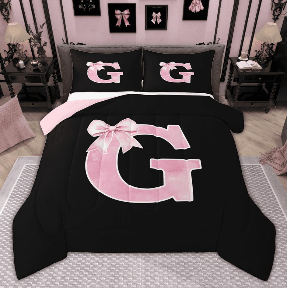 Manfei Monogrammed Girl Bedding Comforter Set, Personalized Initial G Twin Comforter Sets, Princess Bow Knot Bedding Set, Black Pink Bedroom Decor, Reversible 2 Pieces