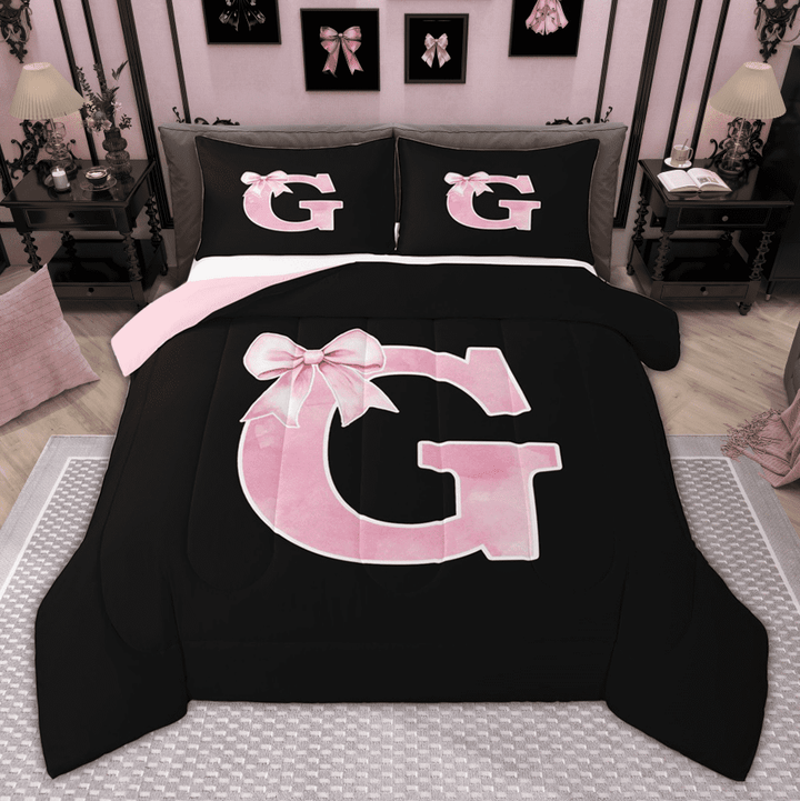 Manfei Monogrammed Girl Bedding Comforter Set, Personalized Initial G Twin Comforter Sets, Princess Bow Knot Bedding Set, Black Pink Bedroom Decor, Reversible 2 Pieces